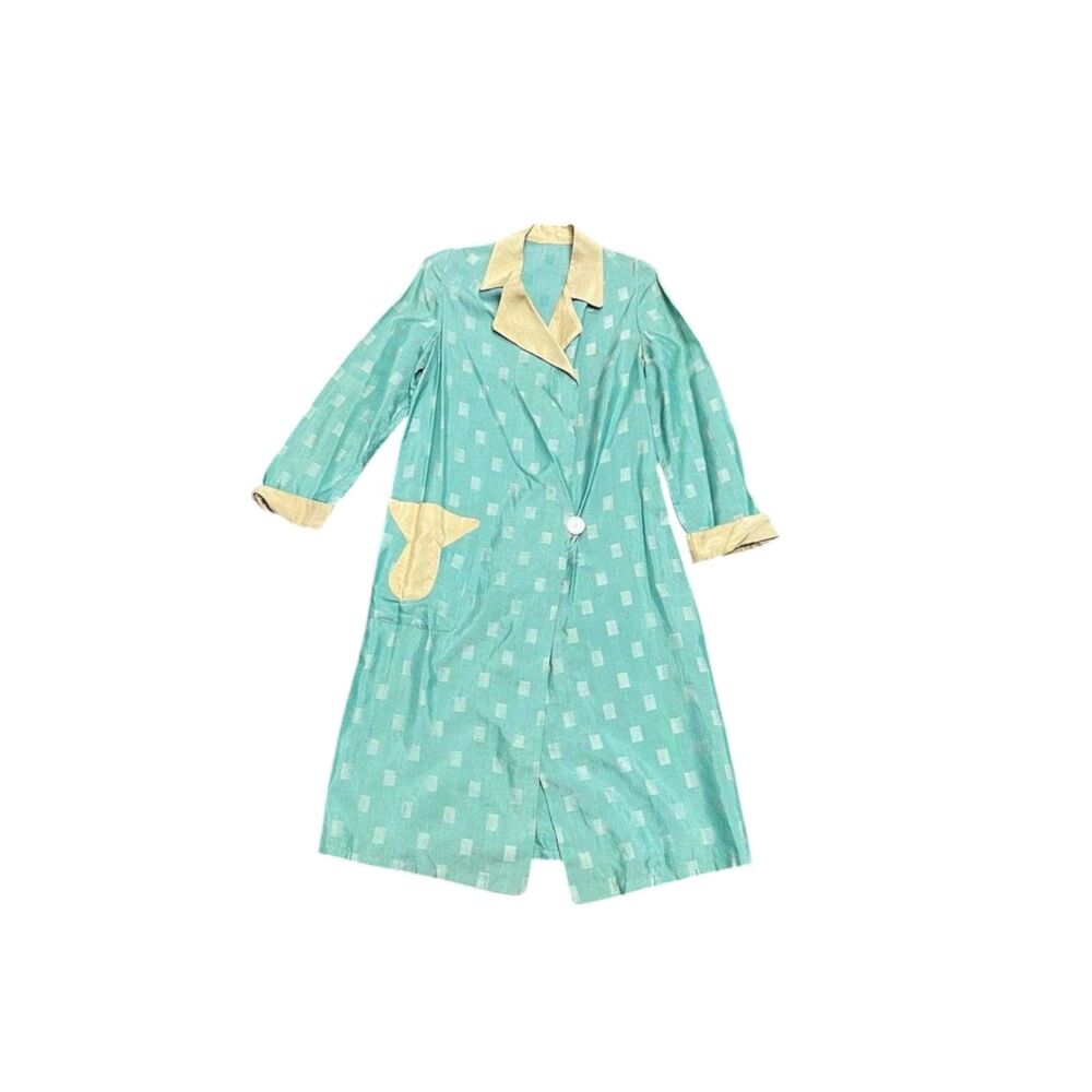 1920s antique silk ART DECO robins egg blue jacquard duster size s